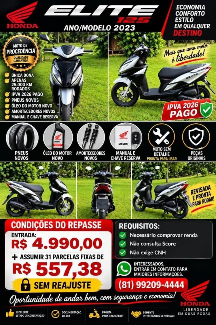 Repasse Elite 125 cc Única Dono Extra 2023