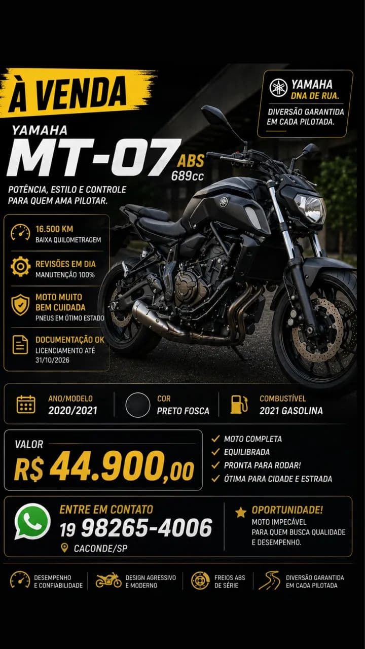YAMAHA MT-07 ABS 2021 - IMPECÁVEL!