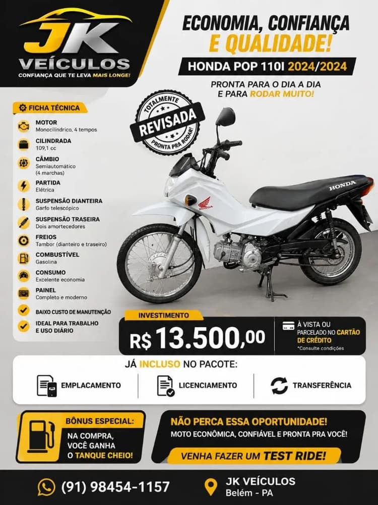 Honda pop 110i com tanque cheio.
